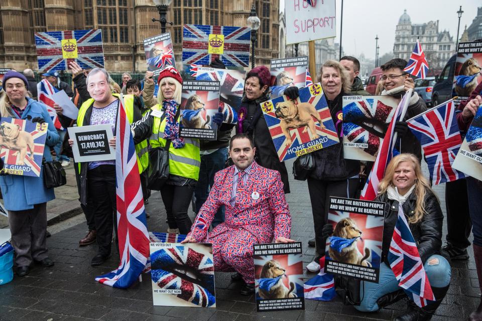  Pro-Brexit protesters rallied outside Parliament today, demanding the Government get on with leaving the EU