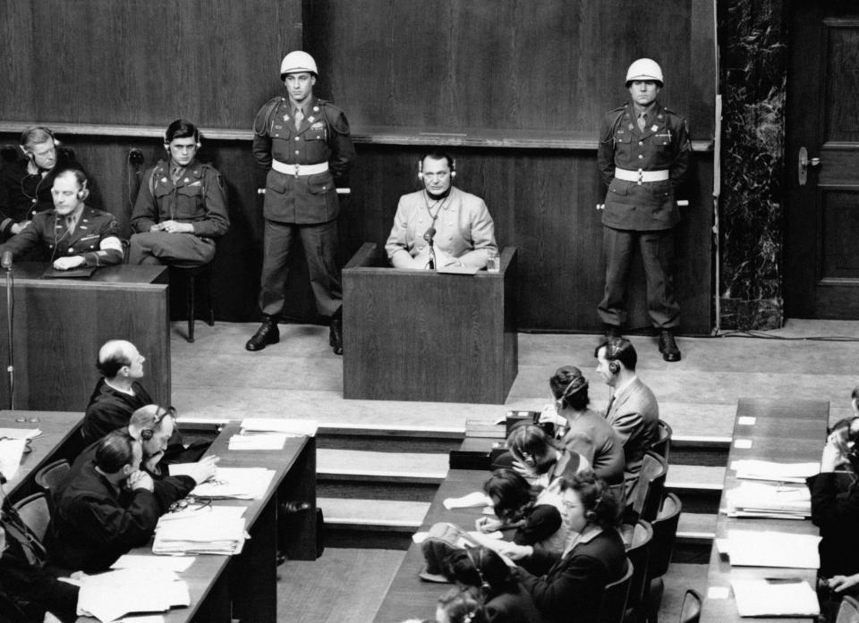  1946: Nazi military leader Hermann Goering stands trial after World War II