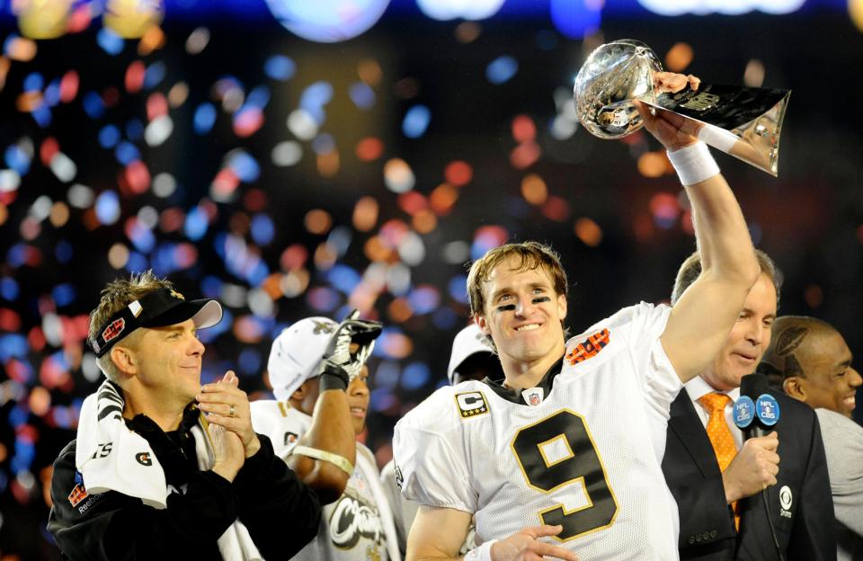  The teams will be competing for the Vince Lombardi trophy, held here by Drew Brees of the New Orleans Saints in 2010