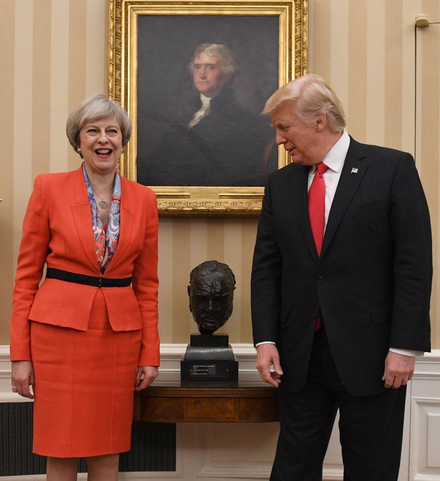  British PM Theresa May and US President Donald Trump met beside a bust of former British Prime Minister Winston Churchill