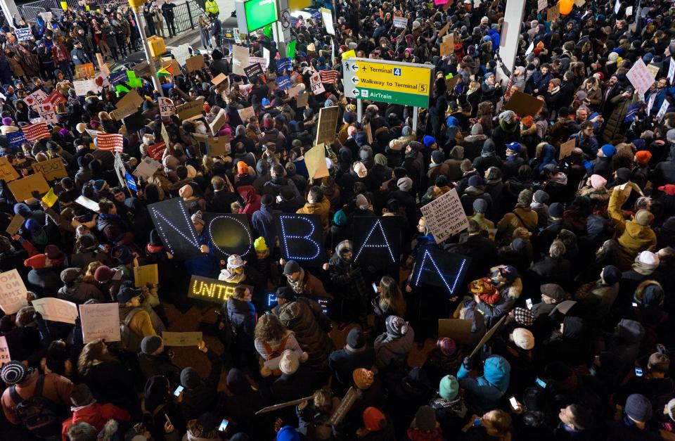 Protesters assemble at John F. Kennedy International Airport in New York