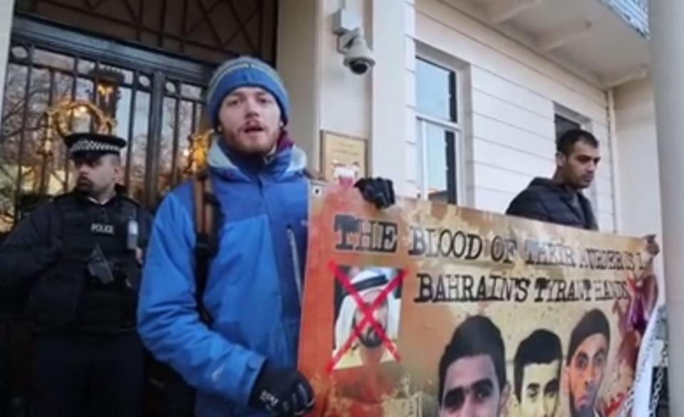  Walton protesting at a demonstations outside the Bahrain embassy