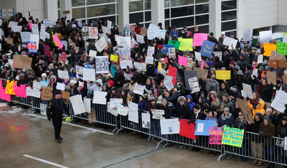  Thousands have protested at US airports over the weekend - and a demonstration will take place outside Downing Street this evening