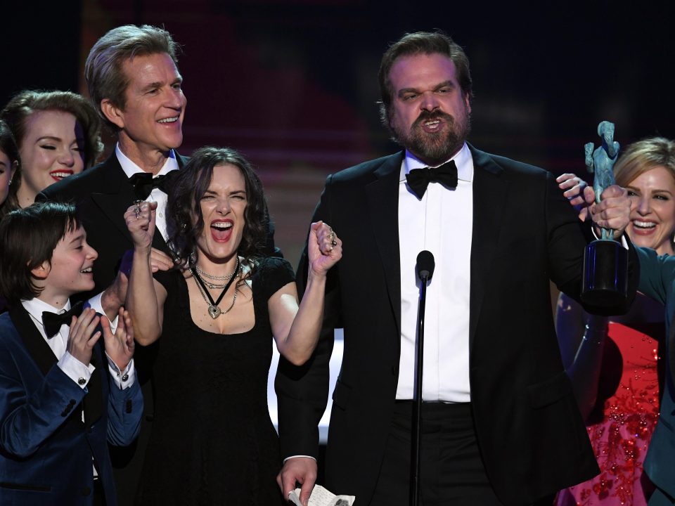  He was joined on stage by Winona Ryder, who pulled a series of faces to suggest she was unaware of her co-star's speech