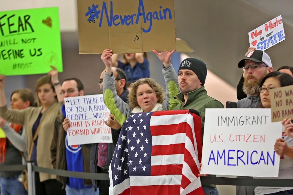  Demonstrations like this one at Indianapolis Airport have been taking place across the US