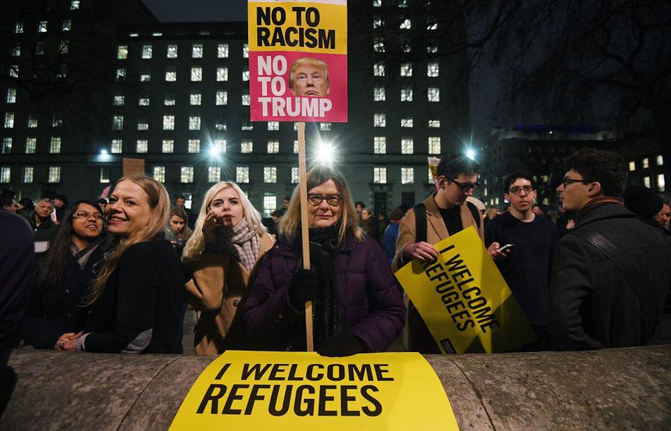  Theresa May gave a press conference as thousands gathered in cities across the UK to protest against Donald Trump