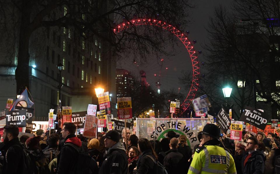  Whitehall in London was shut down as so many people turned out to protest against Donald Trump's recent ban