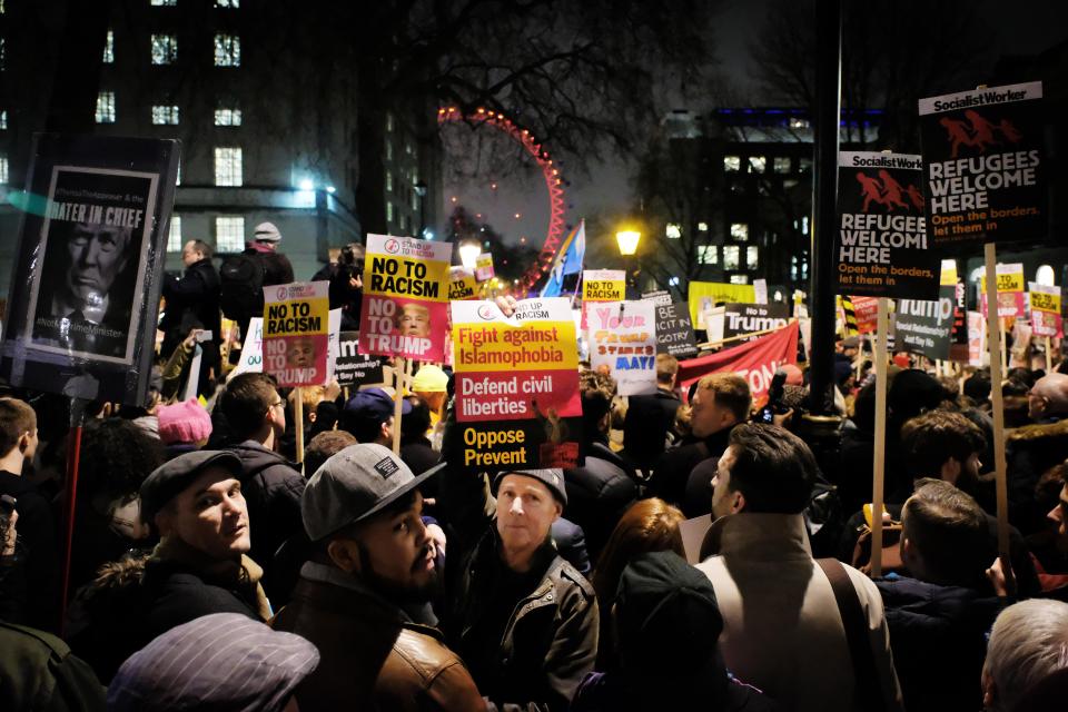  Celebrities joined demonstrators outside Downing Street to protest the travel ban