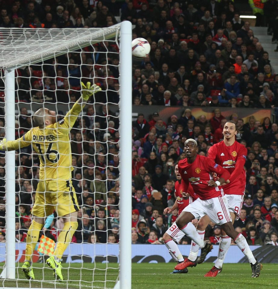 Pogba watches as an effort heads for the woodwork again last night