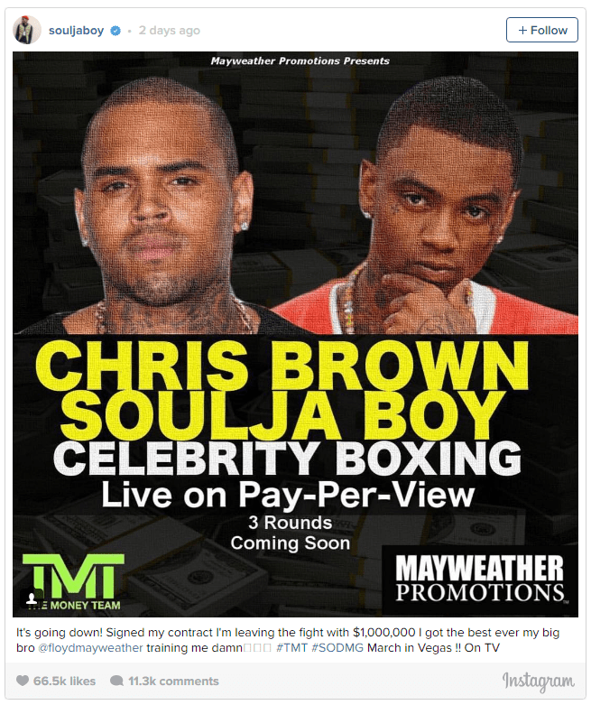  Hip hop stars Chris Brown and Soulja Boy will meet in the boxing ring - with boxing legends Floyd Mayweather to train Soulja Boy and Mike Tyson to train Brown