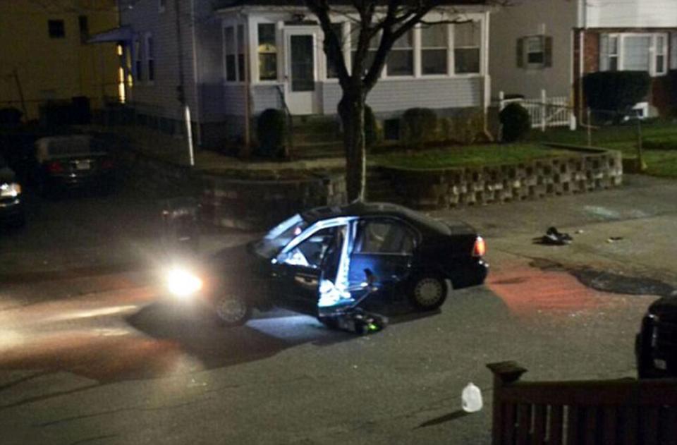  During the eight minute shoot out Jeffrey found himself looking direct into the eyes of the lead terrorist Tamerlan Tsarnaev. Pictured is the car, allegedly driven by the suspects