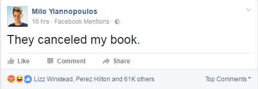  Milo Yiannopoulos' Facebook comment following the decision to drop his book