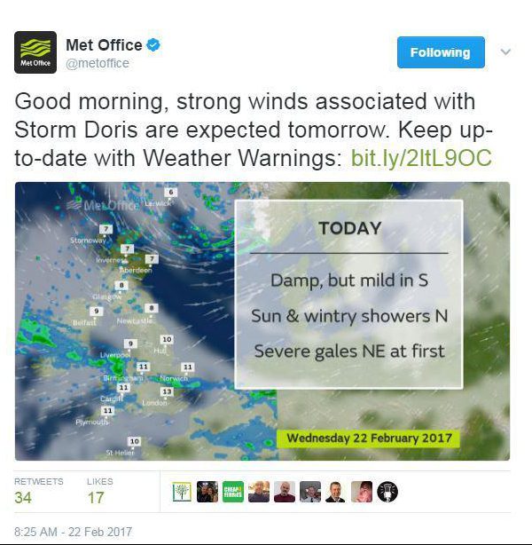  The Met Office has issued an amber weather warning as Storm Doris approaches the UK