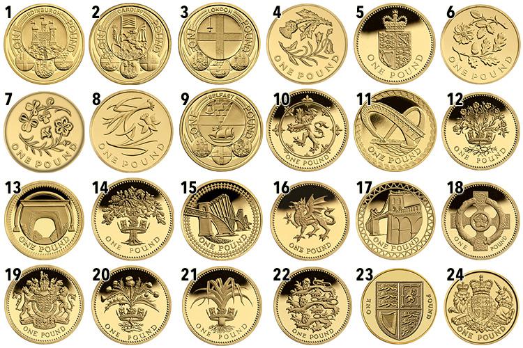  The 24 £1 coin designs numbered to relate to the table below on how much they are worth