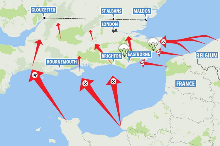  Hitler planned to land thousands of men along Britain's South Coast. Paratroopers would be dropped to take towns like Dover and Brighton. The force would be tasked with moving north towards the Essex town of Maldon and Gloucester in the West Country