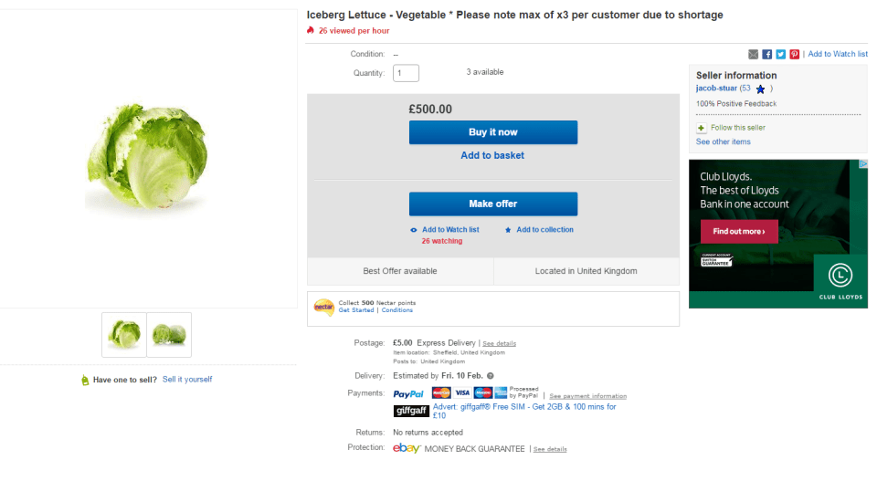  One hopeful user is trying to get £500 for an iceberg lettuce