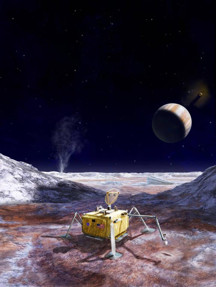  An artist's illustration of a lander craft on the surface of Europa, with Jupiter on the horizon