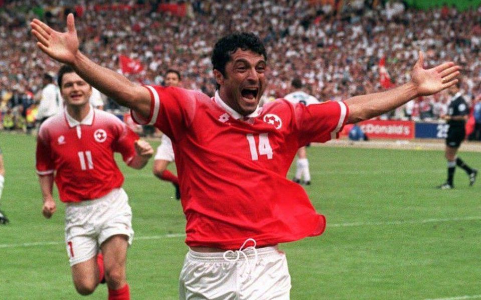  Kubilay Turkyilmaz celebrates after scoring against England in Euro'96