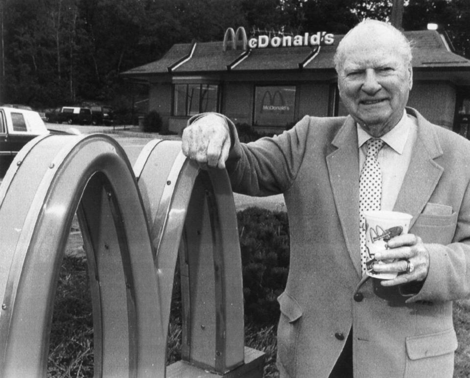  Richard 'Dick' McDonald stands in front of a McDonald's restaurant in Manchester