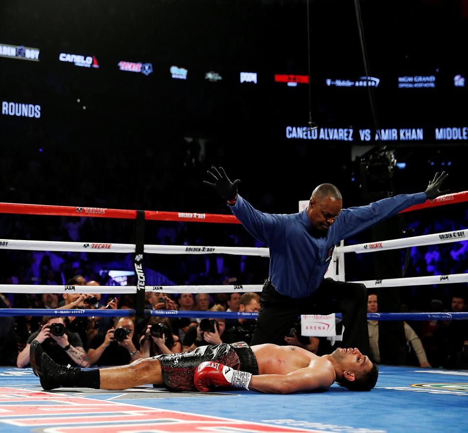 Khan lies flat on his back after being knocked out by Saul Canelo last May