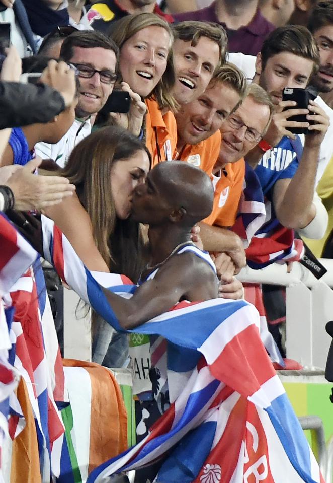 Farah celebrates winning the men's 10,000m in Rio last year