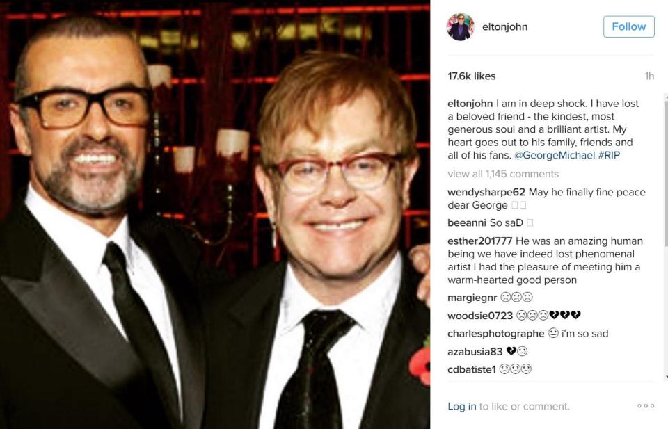  Sir Elton John posted an Instagram tribute after learning of his dear friend's sad death