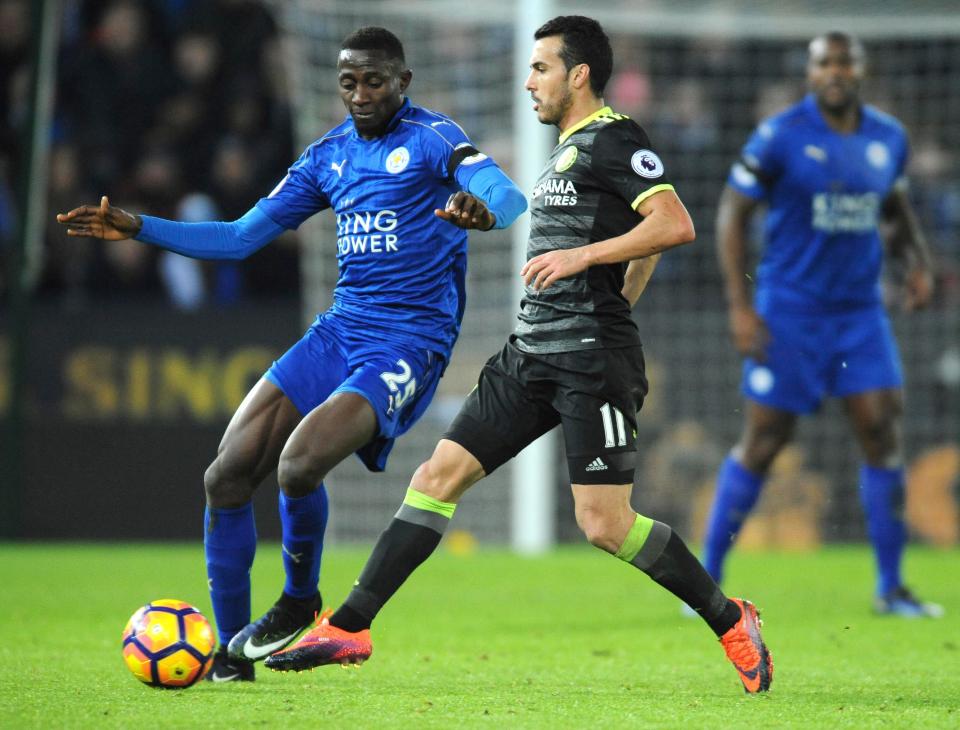  Wilfried Ndidi challenges Pedro in Leicester's Premier League clash with Chelsea