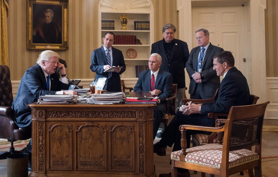  Donald Trump, pictured with his senior White House team including the now former national security adviser Michael Flynn, far right, talked with Russian President Vladimir Putin on 28 January