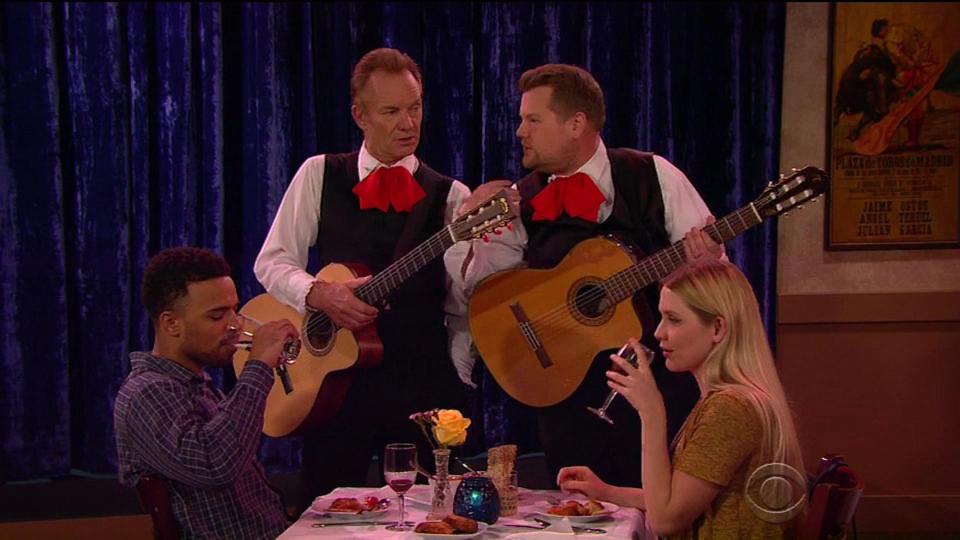  James Corden and Sting serenaded diners during a a skit for the Late Late Show