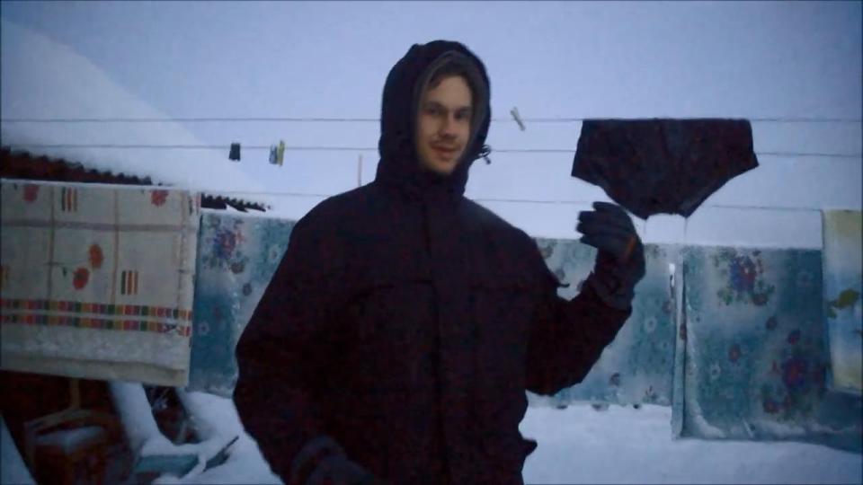 Balder attempts to dry his freshly-washed underwear outside 