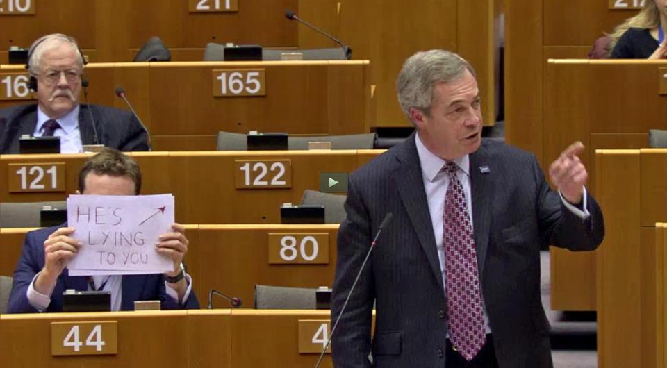  A Labour MEP held a cheeky sign up behind Nigel Farage in the European Parliament