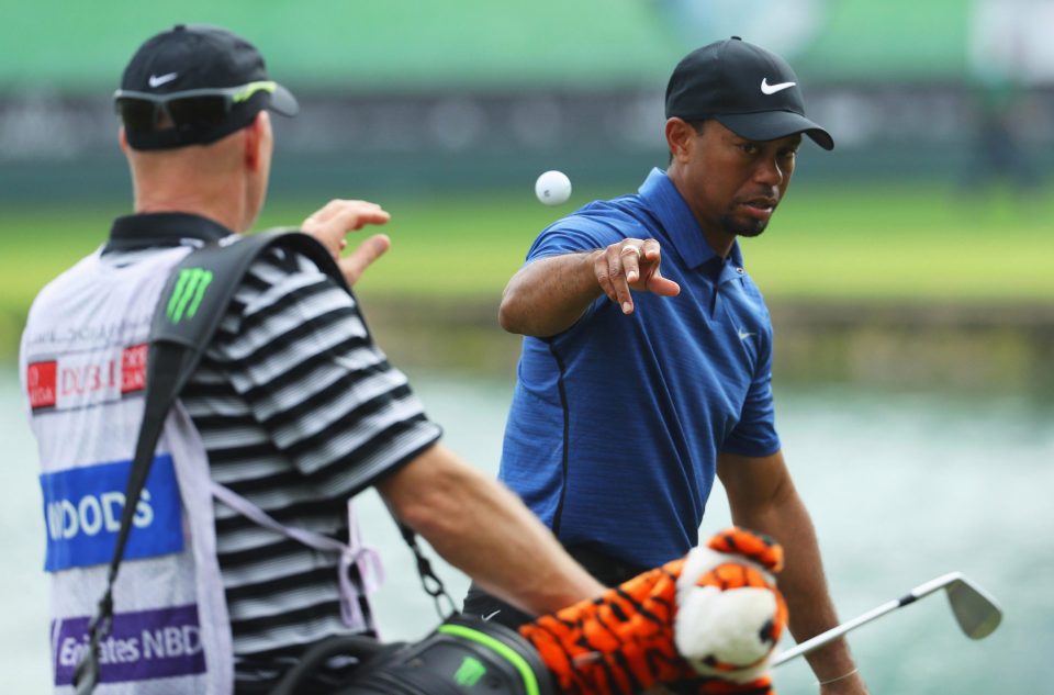  Tiger Woods throws his ball to caddie Joe LaCava in Dubai