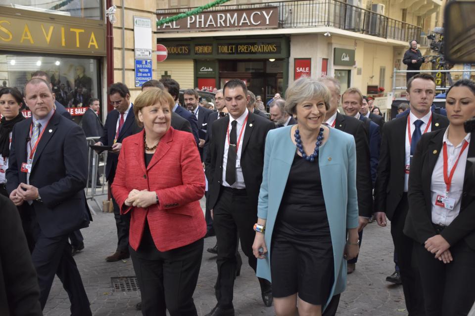  She spoke with Germany's Angela Merkel during a walkabout in the town earlier today