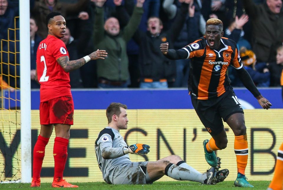  Alfred NDiaye celebrates giving Hull the lead against Liverpool