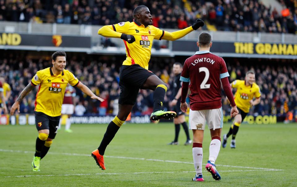 M'Baye Niang celebrates after scoring first goal for Watford, against Burnley