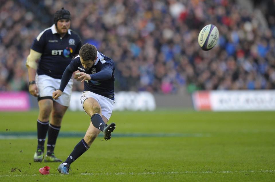 Scotland's scrum-half Greig Laidlaw kicks a penalty during their win over Ireland