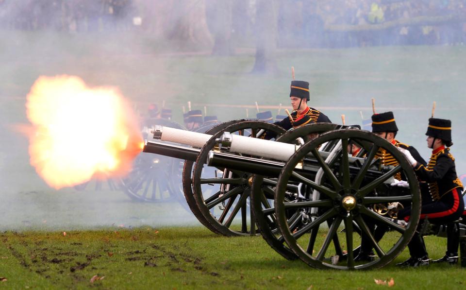  The salute was fired in Green Park at noon to celebrate 65 years since the Queen acceded the throne