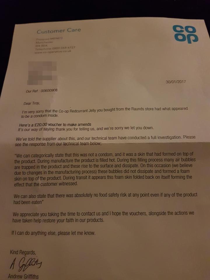  The Co-op sent Troy this letter telling him what he found was not a condom