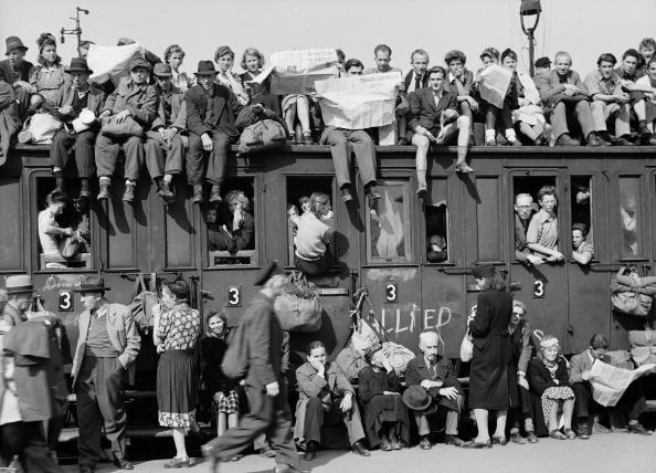  1945: Civilians packing on to overcrowded train leaving postwar Berlin