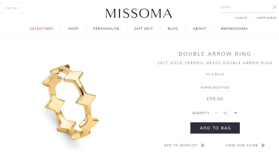  The double arrow ring is sold through Missoma, a brand the star loves