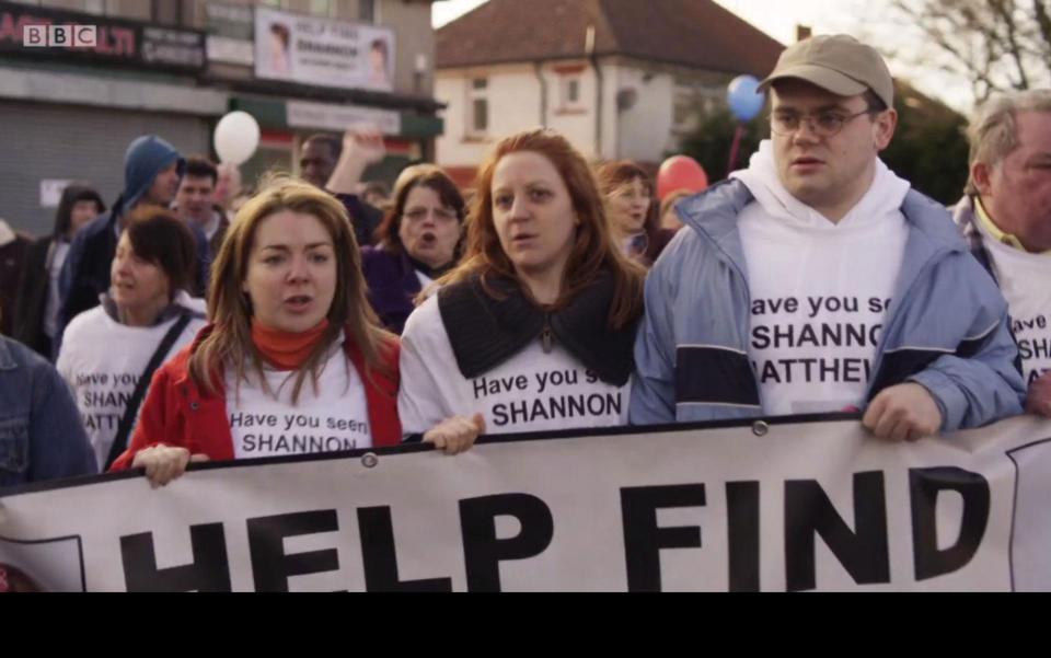  The strange clip shows the family portraying the characters of Shannon’s mum Karen (centre), Karen’s best friend Julie (left) and Shannon's step-dad Craig (right), pictured in The Moorside