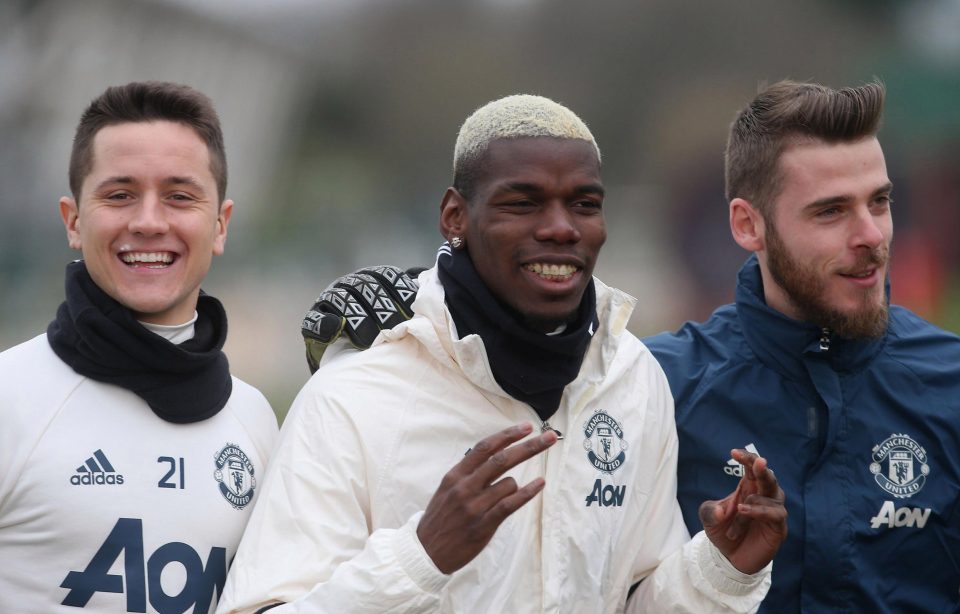 Paul Pogba,. Ander Herrera and David de Gea have been enjoying themselves at training