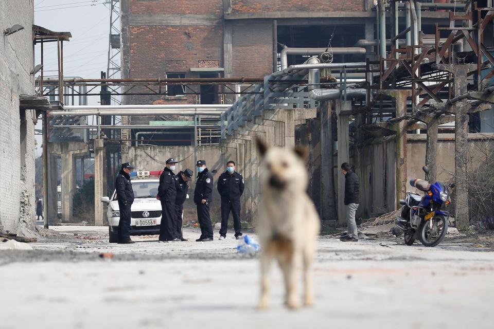  Police officers at the scene of the industrial accident today