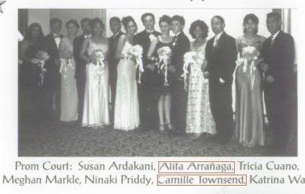  Meghan Markle (centre in white dress holding flowers) at her school's Midnight Masquerade junior-senior Prom in April 1999 aged 17