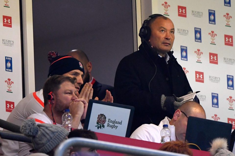 A stone-faced Eddie Jones watches on from the stands in Cardiff