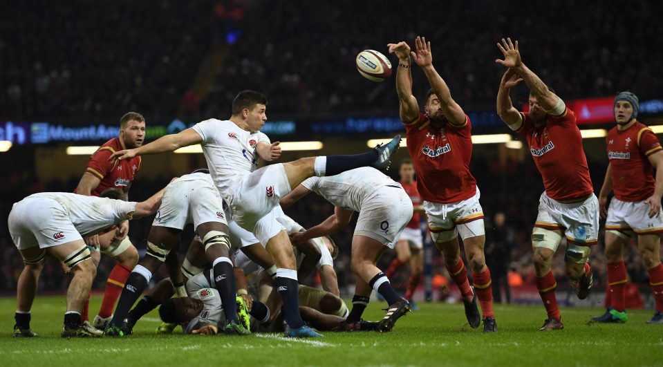 Youngs sees a kick charged down on his line which England were lucky to escape from 