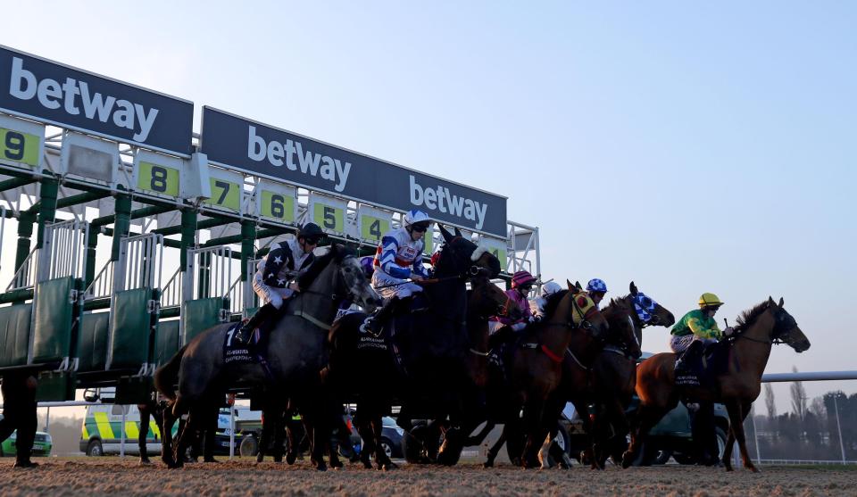 Runners and Riders at the start of The Betway Marathon Handicap at Wolverhampton Racecourse.