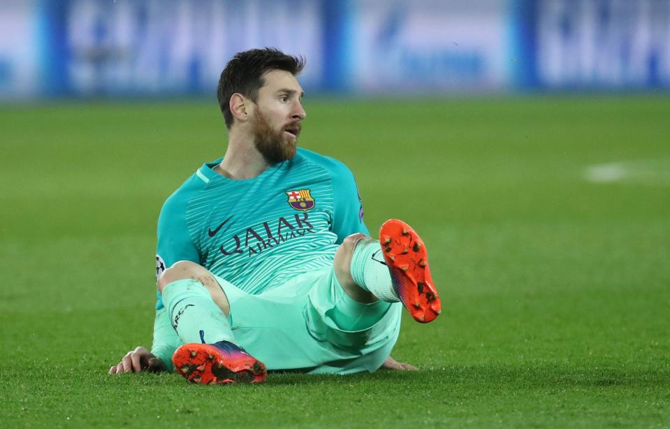  Lionel Messi watched on from the turf as Barca were swept aside