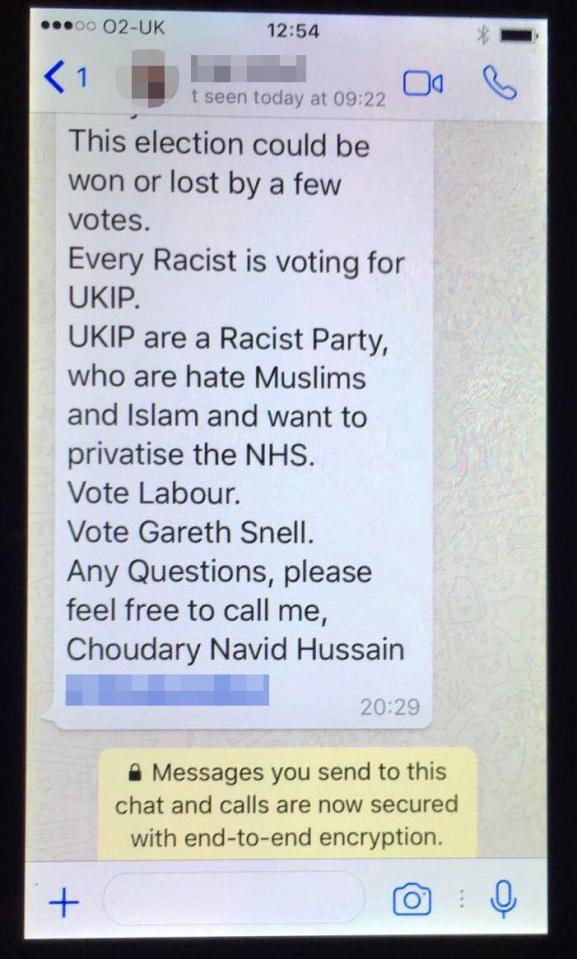  Another divisive text sent by Labour activist Navid Hussain accuses Ukip of being a racist party