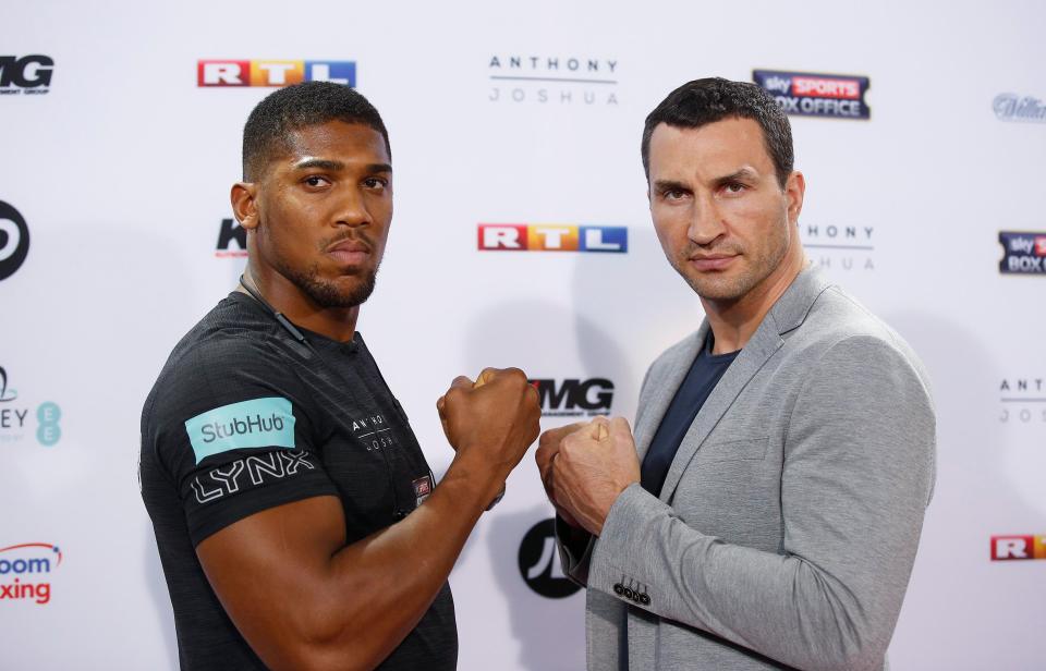  Anthony Joshua and Wladimir Klitschko pose at a press conference today